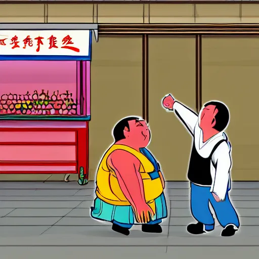 Image similar to A Chinese fat man is quarrelling with a Chinese local ruffian. The background is a watermelon stall on the street.,digital art,trending on artstation.