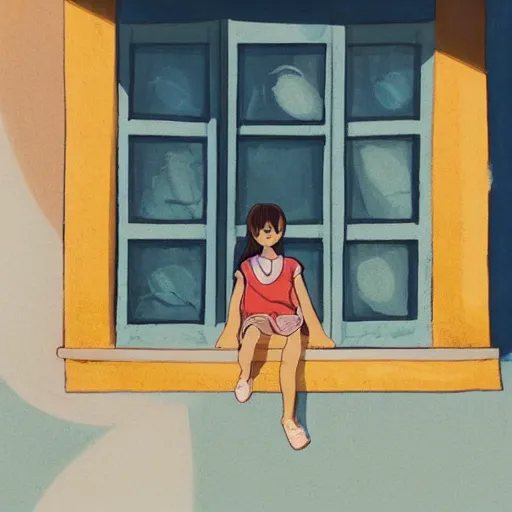 Image similar to a thin, pretty young Filipino girl sits in the window of a cute seaside Cafe with an espresso, golden morning light, cozy, incredible studio Ghibli style composition, award winning