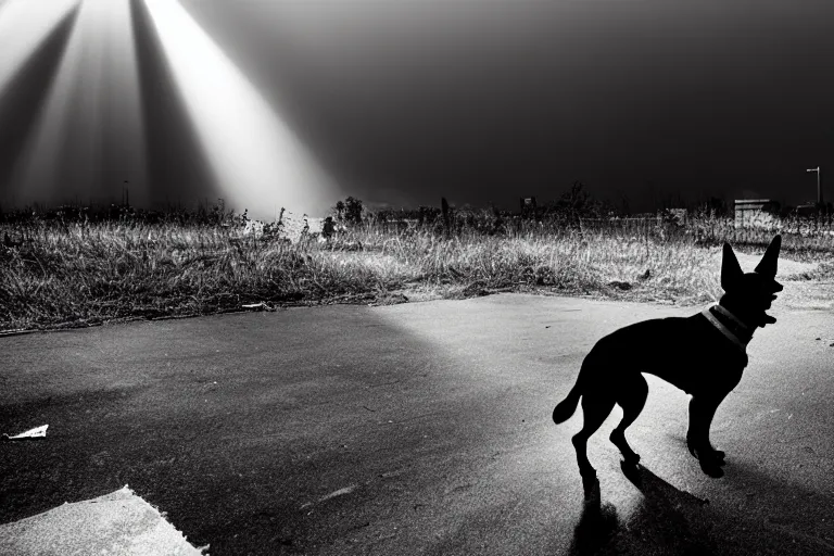 Prompt: god rays illuminating a dog in a destroyed modern city, nuclear explosion, 8 0 0 mm, cinematic, award winning, cloudy sky, sharp focus, black and white, skyscraper, nuclear fallout