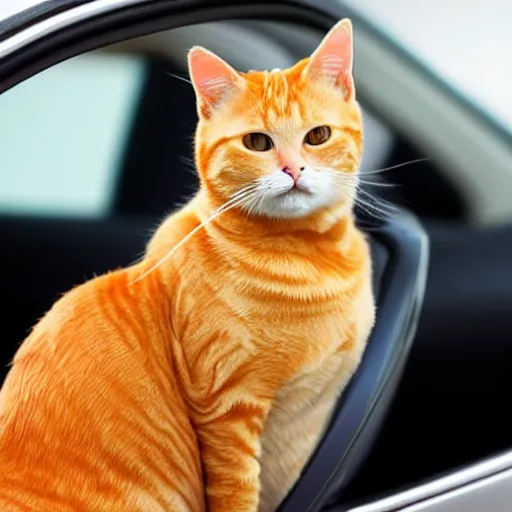 Prompt: an orange tabby cat driving a car