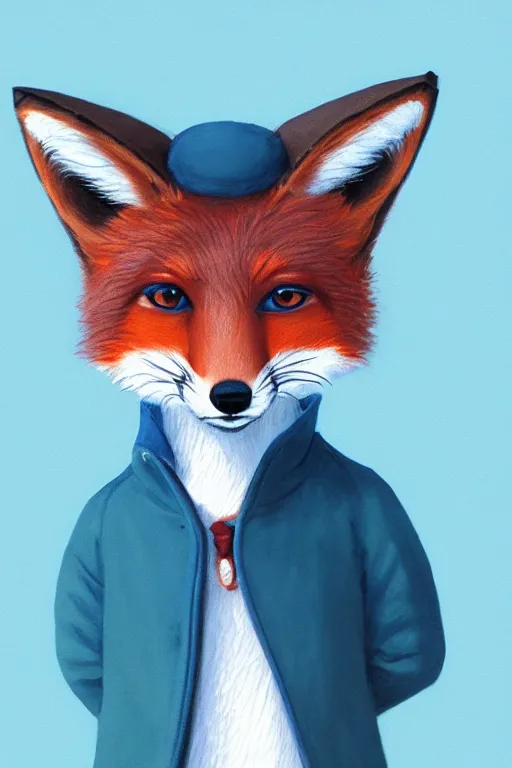 Image similar to portrait of a small fox wearing blue coat stood outside a school gate, trending on artstation, highly detailed, digital painting, volumetric light, concept art, middle focus, illustration, cel shaded, studio ghibli, cute