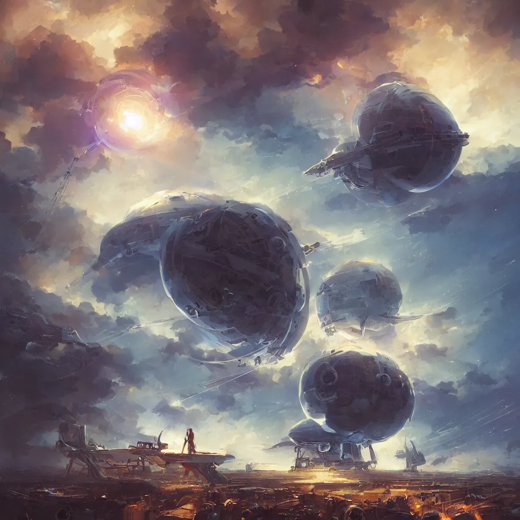 Prompt: blue space ship in sky, dyson sphere program, by greg rutkowski, by rhads, by jesper ejsing, so many wires, sharp focus, man standing, colony, atom, crowd, steam punk