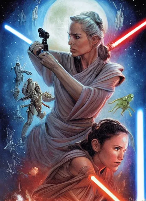 Prompt: movie poster by iain mccaig and magali villeneuve and drew struzan, a beautiful woman jedi master, highly detailed. star wars expanded universe, she is about 2 0 years old, wearing jedi robes. rancor. aliens. explosions.