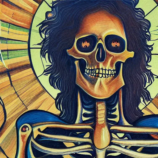 Prompt: a detailed painting of Jesus Christ skeleton standing with a background of apocalypse on earth