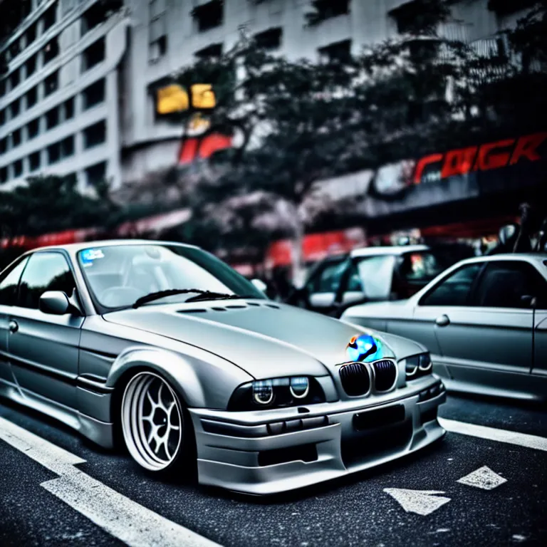 Prompt: close-up-photo BMW E36 turbo illegal meet, work-wheels, Shibuya shibuya shibuya, roadside, cinematic color, photorealistic, high detailed deep dish wheels, highly detailed, custom headlights, neon underlighting
