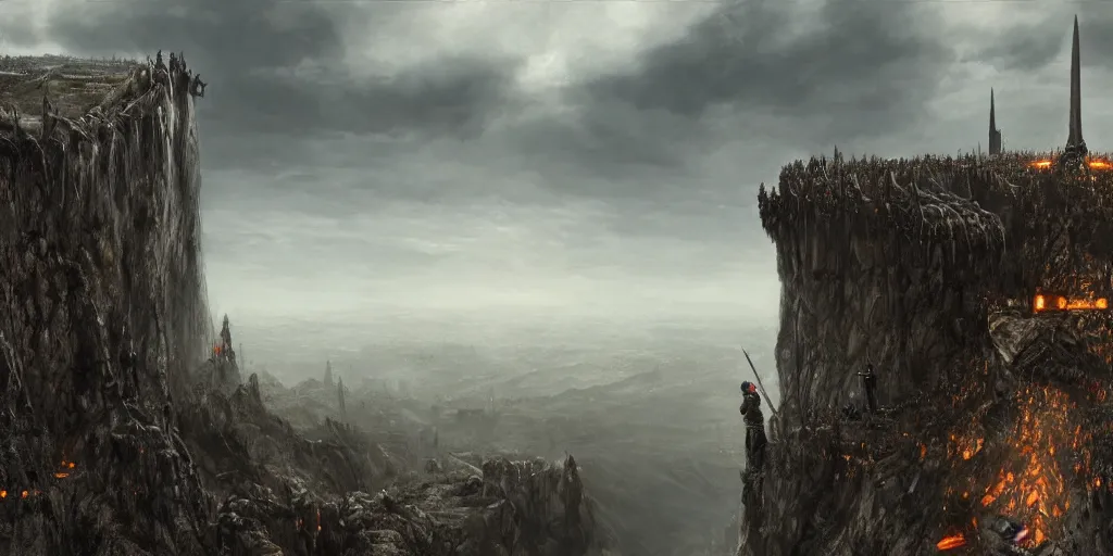 Prompt: Sauron standing on the edge of a cliff overlooking his troops in the distance ready for war at Mordor in the evening, detailed matte painting, cinematic, Alan Lee, Artstation