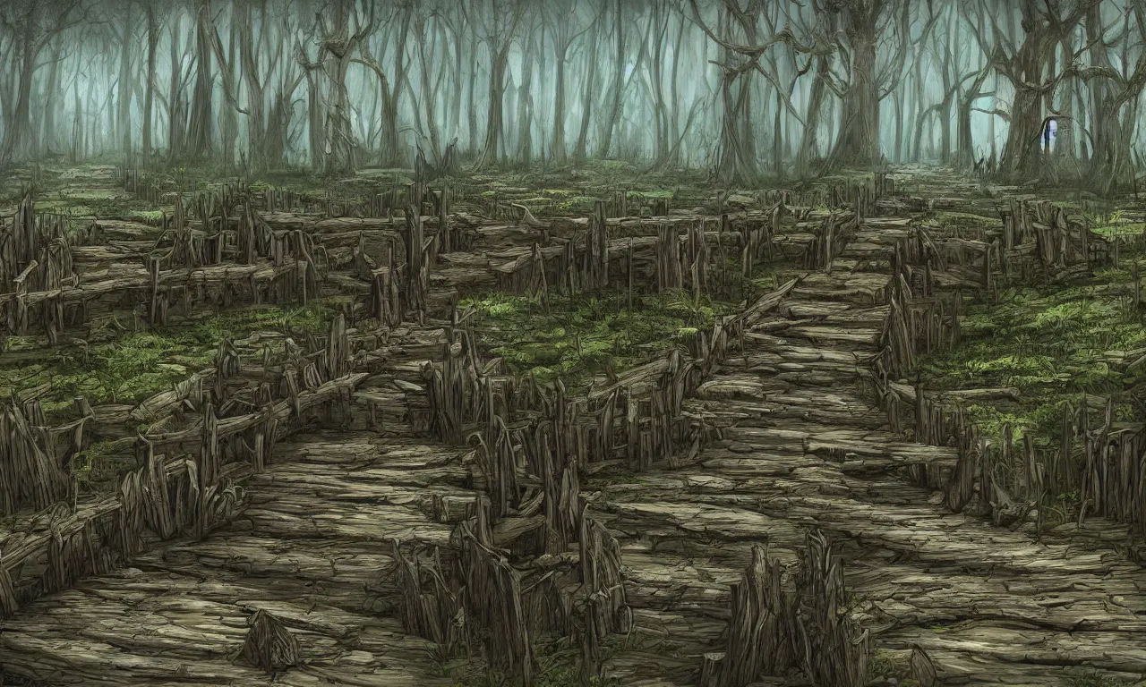 Prompt: rotten palisade, swamp, digital art, illustration, fantasy