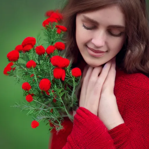 Prompt: her tender arms move among fresh sprigs, her bright red clothes rival the glowing sunbeam.