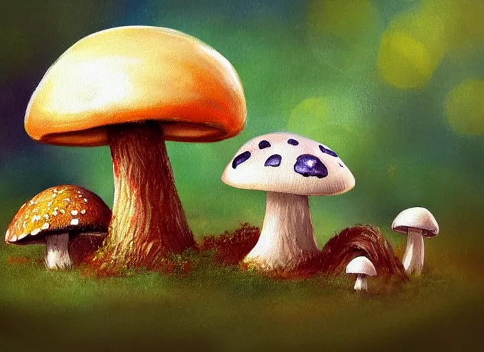 Image similar to a cute creature sitting next to a mushroom, realistic, very detailed, complex, intricate, studio lighting, superres sharpening, bokeh, sigma 5 0 mm f 1. 4, impressionist painting, digital painting, artstation, simon stalenha