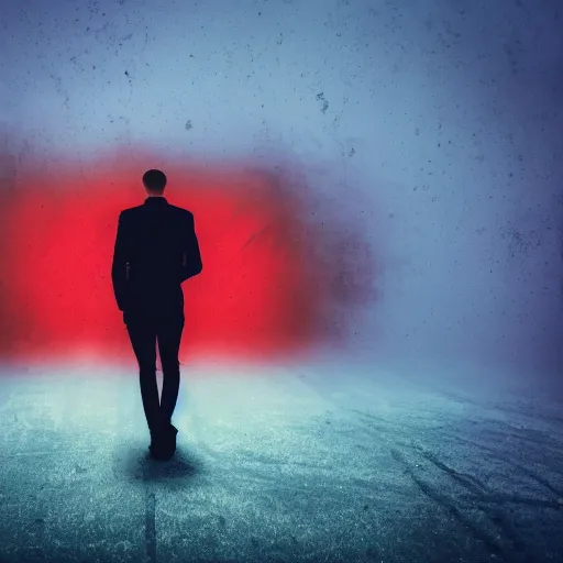 Prompt: symmetrical blue and red, mysterious man looking at a distant machine in fog