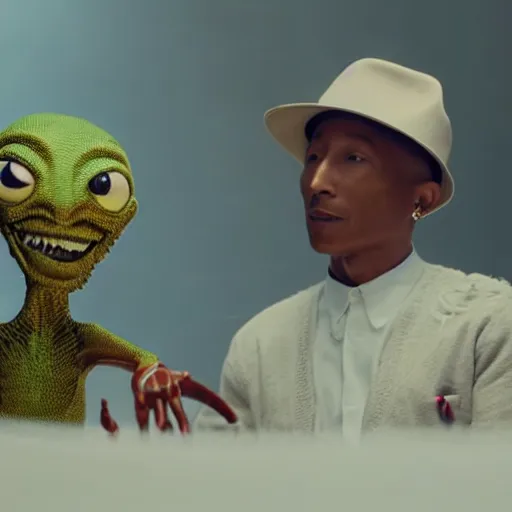 Image similar to cinematic film still of Pharrell Williams Making A Beat with an anthropomorphic alien, Japanese VFX, 2018, 400mm lens, f1.8, shallow depth of field,film photography