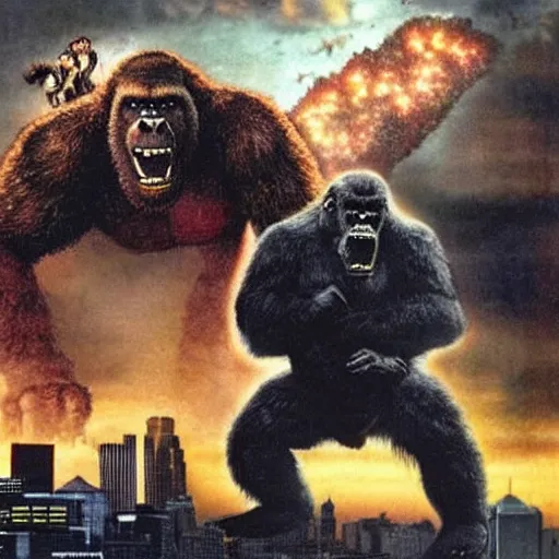 Prompt: george w bush as king kong fighting osama bin ladin as godzilla in front of the world trade centers with two airplanes in the sky