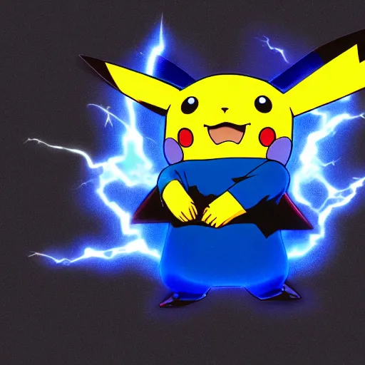 Image similar to a blue pikachu shooting bright electric lightning out of his ears in the style of pokemon anime def 8 k