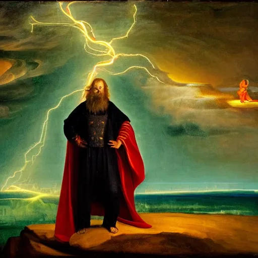 Prompt: A bearded robed wizard playing a neon electric guitar surrounded by lightning bolts on the top of cliffside, wide-angle, renaissance painting, oil on canvas, epic, cinematic - W 1024