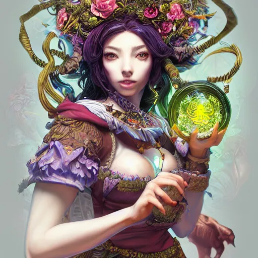 Image similar to the portrait of chaotic good female druid alchemist as absurdly beautiful, gorgeous, elegant, gravure idol, an ultrafine hyperdetailed illustration by kim jung gi, irakli nadar, intricate linework, sharp focus, bright colors, octopath traveler, final fantasy, unreal engine 5 highly rendered, global illumination, radiant light, detailed and intricate environment