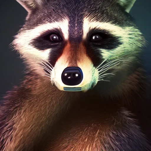 Image similar to a hyperrealistic octane render of a raccoon with a camera lens for a nose, photorealism, unreal engine, dramatic lighting, volumetric lighting, uplighting