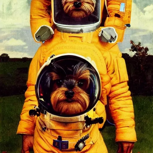 Image similar to A Yorkshire Terrier in a space suit, its face, smiling, clearly visible inside the helmet, art by Norman Rockwell, art by William Buguerau /imagine https://discord.com/channels/1002292111942635562/1005628033945837620/1006191040228753459