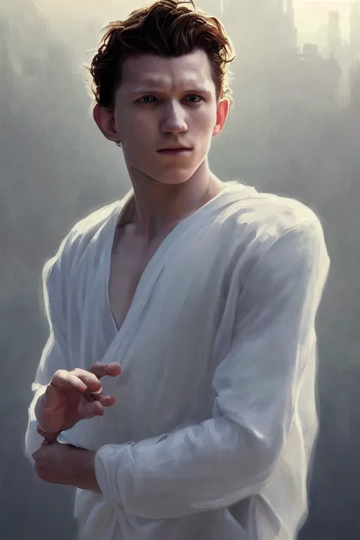 Prompt: tom holland godly white clothes meditating in the sun, blank lighting ultra realistic photorealistic highly detailed high quality, a stunningly, digital painting, artstation, concept art, smooth, sharp focus, illustration, art by artgerm and greg rutkowski and alphonse mucha 8 k