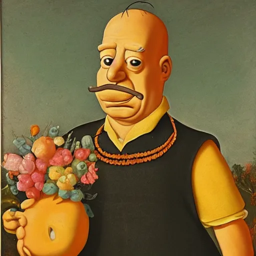 Image similar to vividly colorful oil painting portrait of Homer Simpson wearing aristocratic dress in the style of Cranach the Younger