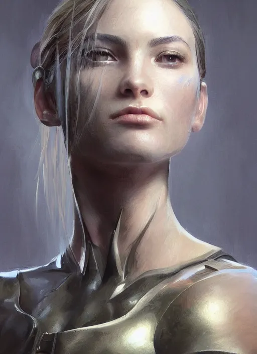 Prompt: a professional painting of a beautiful young female, clothed in military armor, olive skin, long dark hair, beautiful bone structure, symmetrical facial features, intricate, elegant, digital painting, concept art, smooth, sharp focus, illustration, from Metal Gear, by Ruan Jia and Mandy Jurgens and Artgerm and William-Adolphe Bouguerea
