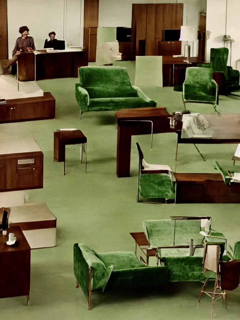 Image similar to a still of severance series indoor 7 0 s green velvet and wood with metal furniture office scenario appearing in a film of jacques tati