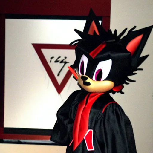 Prompt: a photograph of Shadow the Hedgehog graduating