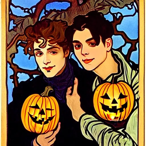 Image similar to painting of handsome young delicate beautiful jeffrey in his 2 0 s with brown hair and gorgeous rina together at the jack o'lantern halloween party holding pumpkins, elegant, clear, painting, stylized, art, art by alphonse mucha, vincent van gogh, egon schiele,