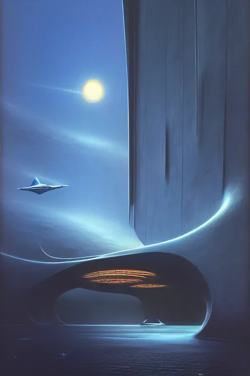 Prompt: emissary space by arthur haas and bruce pennington and john schoenherr, cinematic matte painting, zaha hadid building, photo realism, dark color palate, blue hour,