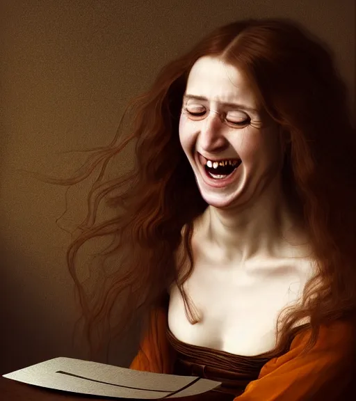 Prompt: portrait of a long - haired woman laughing at a joke sitting upon a table with heightened detail, poised, intense emotion, detailed facial expression, detailed surroundings, intricate, elegant, highly detailed, centered, digital painting, artstation, concept art, smooth, sharp focus, illustration, by ( leonardo da vinci ), wlop