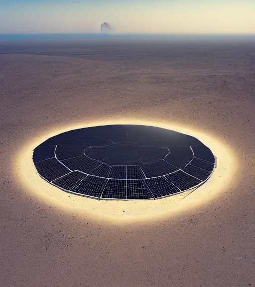 Image similar to dominador radial vertical solar power plant in the desert, spatial structure, former gasometer in rome, white sheets, trending on artstation, behance, octane render, award winning, archviz, matte painting, epic