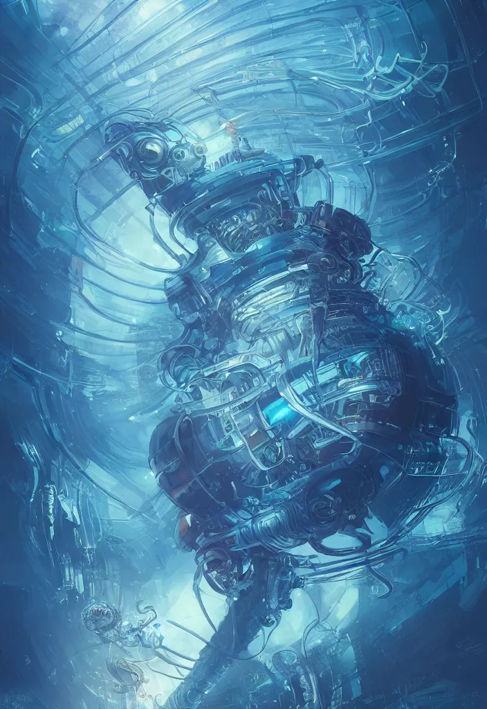 Image similar to Panorama hyper detailed painting of a cyberpunk jellyfish, blue tones, underwater, 8 mm, highly detailed, digital painting, artstation, concept art, smooth, sharp focus, illustration, art by artgerm and greg rutkowski and alphonse mucha