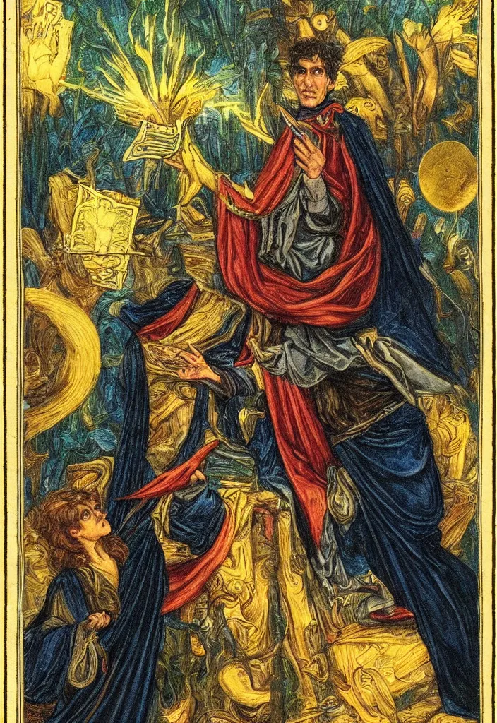 Image similar to Yoshua Bengio as the Magician on the Tarot card. Illustration by preraphaelists.