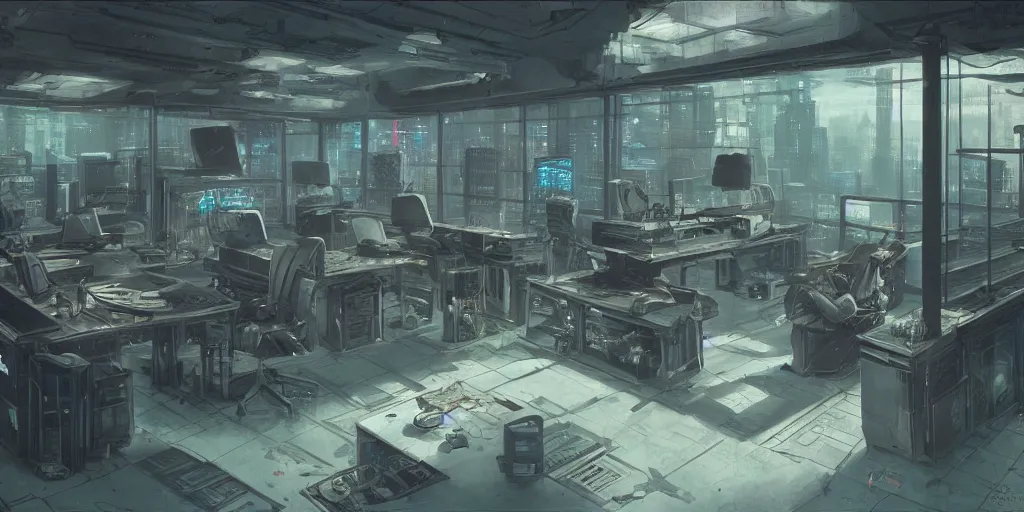 Image similar to a dystopian cyberpunk office interior with huge holographic displays everywhere, ralph maquarrie and giger and syd mead cinematic matte painting, 4 k