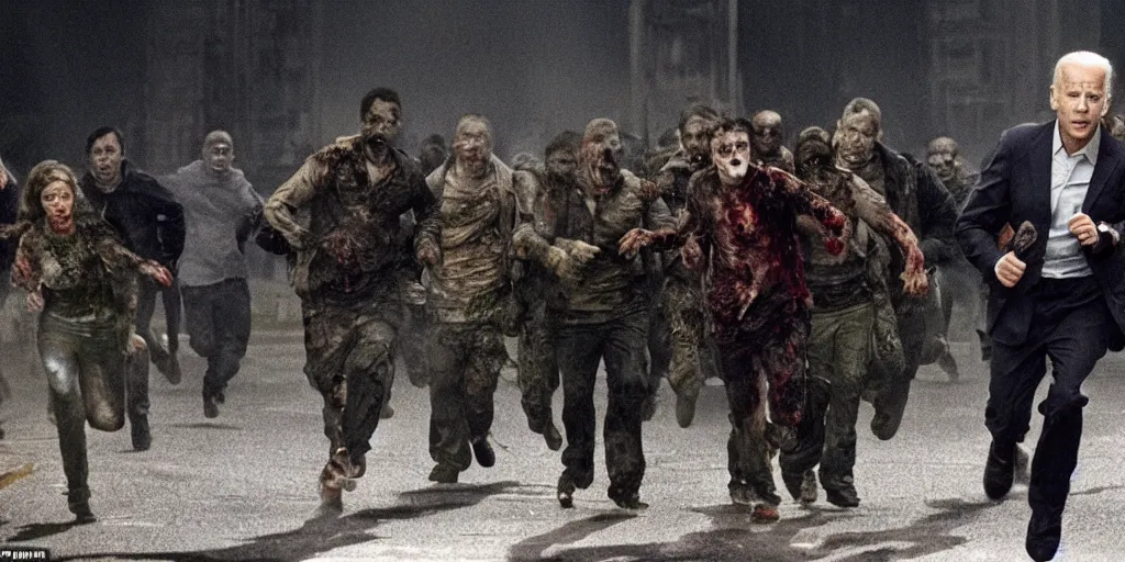 Prompt: movie still of joe biden running away from a hoard of infected zombies in the movie 2 8 days later, detailed, real, cinematic