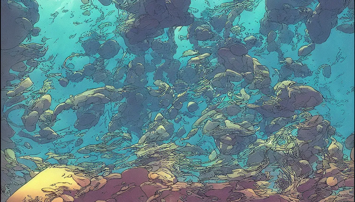 Prompt: underwater, filtered light, moebius