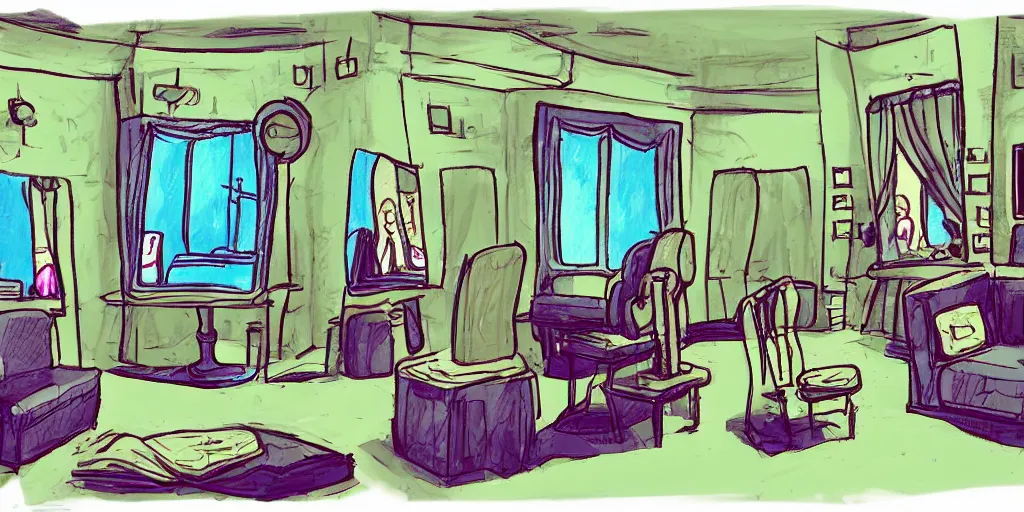 Image similar to a dimly lit, theater dressing room, with a mirror, a chair, a couch, day of the tentacle style, drawn by Peter Chan