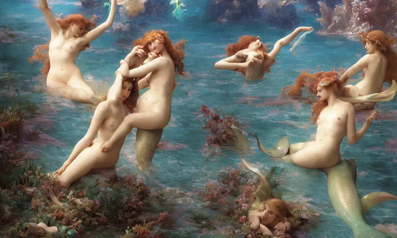 Prompt: a luminous springtime fairytale of beautiful realistic mermaids frolicking together among sea creatures in the romantic underwater baroque kingdom of Neptune. Neon light, masterpiece 4k digital illustration by Ruan Jia and Mandy Jurgens and William-Adolphe Bouguereau, award winning, Artstation, Gustave Dore' background, intricate details, realistic, panoramic view, volumetric lighting, sun rays beaming, Hyperdetailed, 8k resolution, golden hour, intricate art nouveau, smooth, sharp focus, rendered in Unreal Engine 3