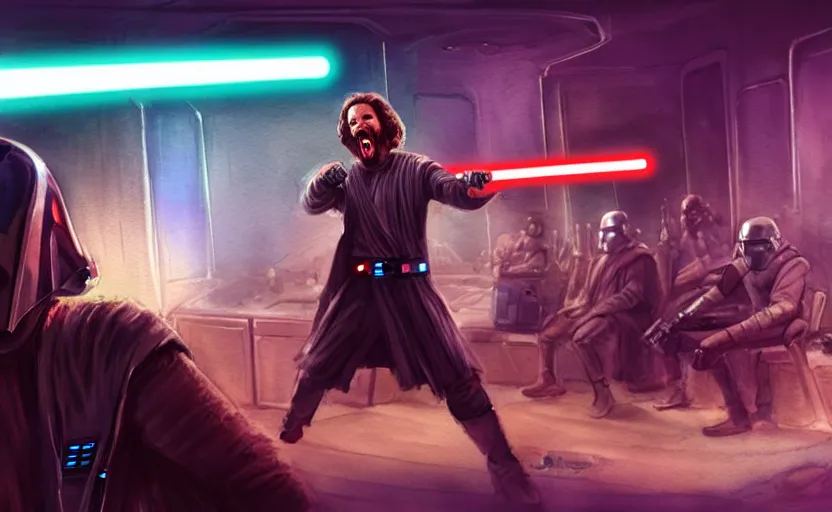 Image similar to an accurate realistic star wars watercolor fantasy concept art of a drug dealer that looks like chris d'elia screaming in a sleazy futuristic bar of coruscant, hq, 4 k