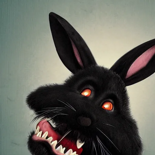 Image similar to A extremely highly detailed majestic hi-res beautiful, highly detailed head and shoulders portrait of a scary terrifying, horrifying, creepy black cartoon rabbit with scary big eyes, earing a shirt laughing, hey buddy, let's be friends, in the style of Walt Disney