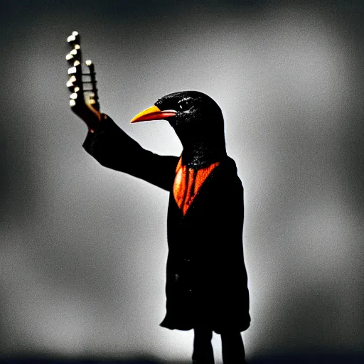 Prompt: annie leibovitz photograph of an anthropomorphic crow guitarist, photorealistic, bokeh, 5 0 mm