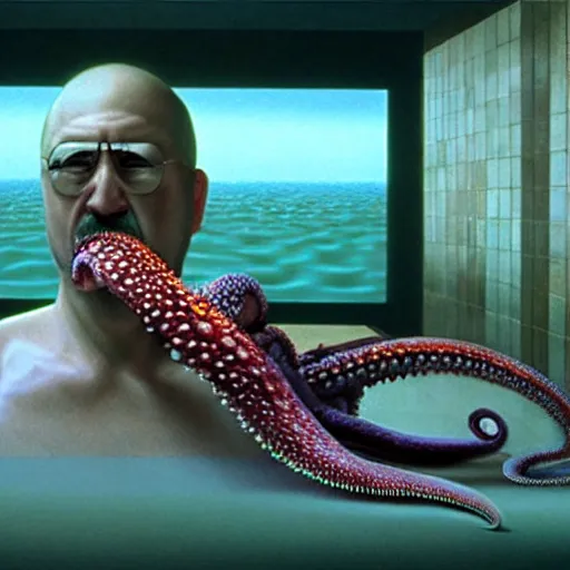 Image similar to hyperrealism photography in araki nobuyoshi dramatic scene from movie the big lebowski style computer simulation visualisation of detailed octopus riding eating human octopus in the detailed ukrainian village