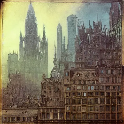 Image similar to A beautiful painting of a cityscape. The different colors and shapes represent different parts of the city. daguerreotype, bismuth by Chris Mars, by Arthur Rackham Trending on artstation, vfx