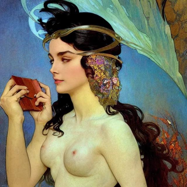 Prompt: an aesthetic! detailed close - up portrait of an aesthetic woman, covered by transparent veil, holding an leather bound book, by frank frazetta and alphonse mucha, oil on canvas, bright colors, art nouveau, epic composition, dungeons & dragons fantasy art, hd, god - rays, ray - tracing, crisp contour - lines, huhd - 8 k