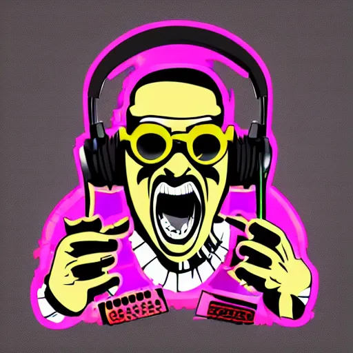 Image similar to svg vector sticker of absolutely insane-mad-scientist-villain, rocking out, wearing headphones, huge speakers, dancing, rave, DJ, spinning records, digital art, amazing composition, rule-of-thirds, award-winning, trending on artstation, featured on deviantart