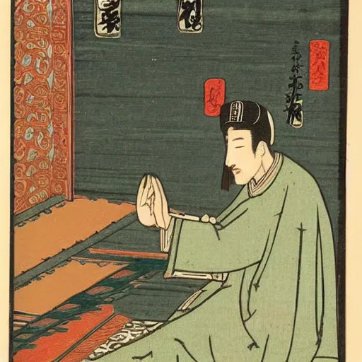 Image similar to late meiji period, colored woodblock print, muslim kneeling for prayer