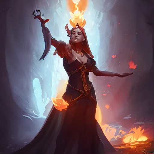 Image similar to The sorceress casting a fireball, colaboration of Hearthstone and Greg Rutkowski for Hearthstone