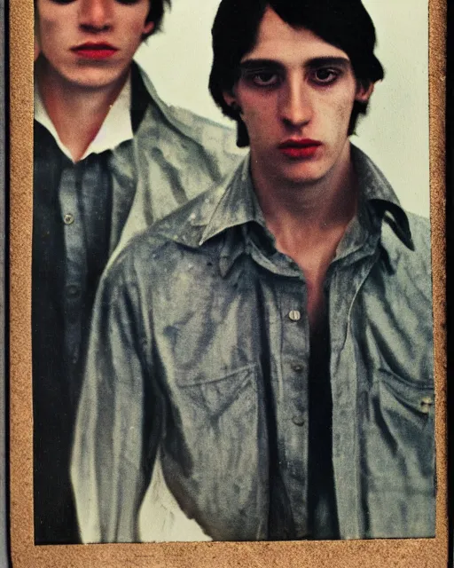 Image similar to an instant photo of two beautiful but sinister young men wearing oxford shirts in layers of fear, with haunted eyes and dark hair, 1 9 7 0 s, seventies, wallpaper, a lot of blood, moonlight showing injuries, delicate embellishments, painterly, offset printing technique, by brom, robert henri, walter popp