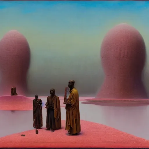 Prompt: african moors in white robes building a steampunk portal near a pink lake by zdislaw beksinski and thomas blackshear and alex grey, oil on canvas, 8k