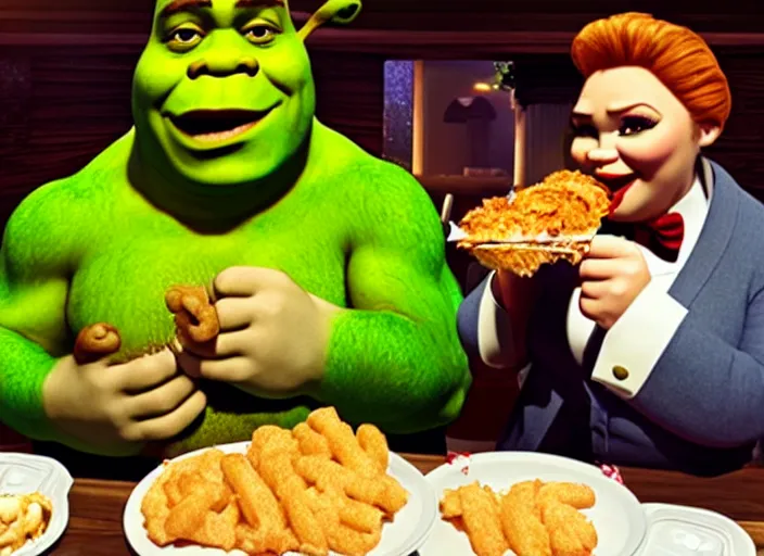 Image similar to A photograph of Shrek and Fiona eating at KFC on their wedding day.