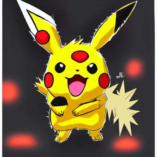 Prompt: an anime image in the style of pokemon, lightly sketched in pencil. a large, angry - looking pikachu with spiky orange ears comes charging at the viewer from a background sea of flames.